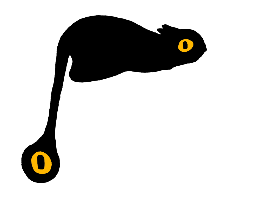 A silhouette of a cat-like creature with one yellow eye looking at you and another at the end of its tail.